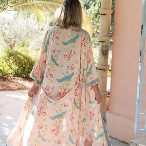 Crane Dance Peach Bridal Long Kimono Robe  ~ Boho Wedding Morning Dressing Gown ~ Bridesmaids Robe