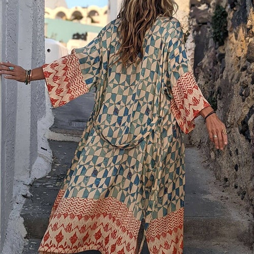 Geometric Kimono Robe ~ Organic Bamboo Silk Long Robe