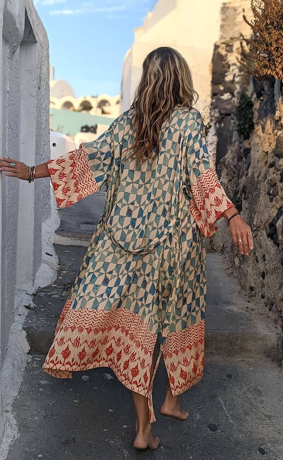 Geometric Kimono Robe Kaftan Style Maxi Kimono Boho Duster Jacket Organic Bamboo Silk Long Robe Etsy