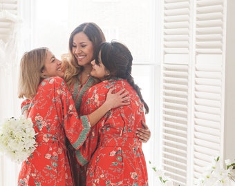 Parisian Rouge ~ Long Kimono  ~ Dressing Gown ~100%Organic Cotton Floral Print Robe for Women
