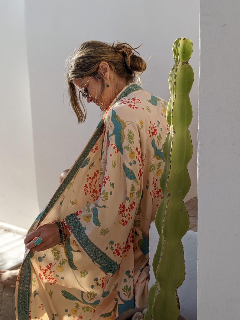 Crane Dance Peach Bridal Long Kimono Robe ~ Boho Wedding Morning ...