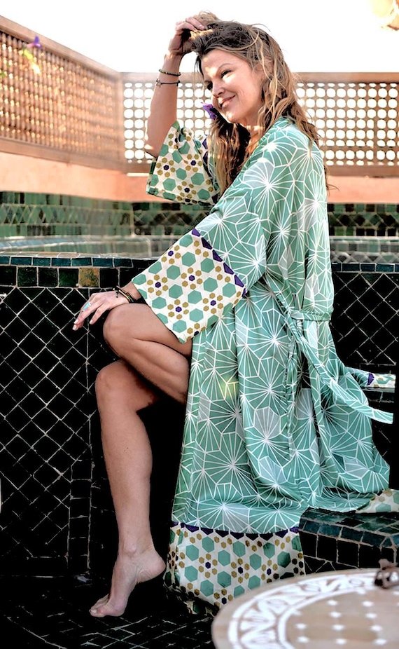 green silk kimono dress Malachite Dressing Gown EXFLORAL-0819-2025