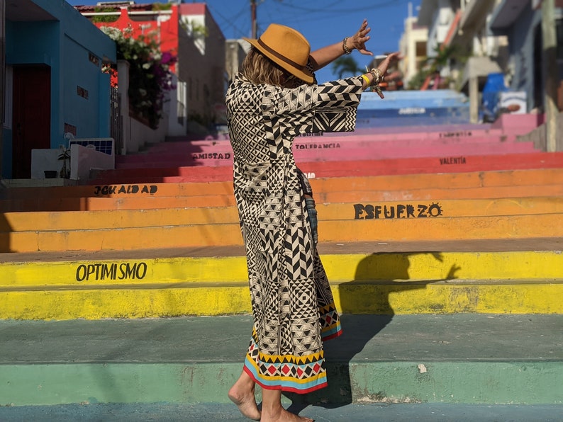 Bohemian Bamboo Silk Kimono Robe: Black & White Tribal Print, Flowing Summer Layer image 3