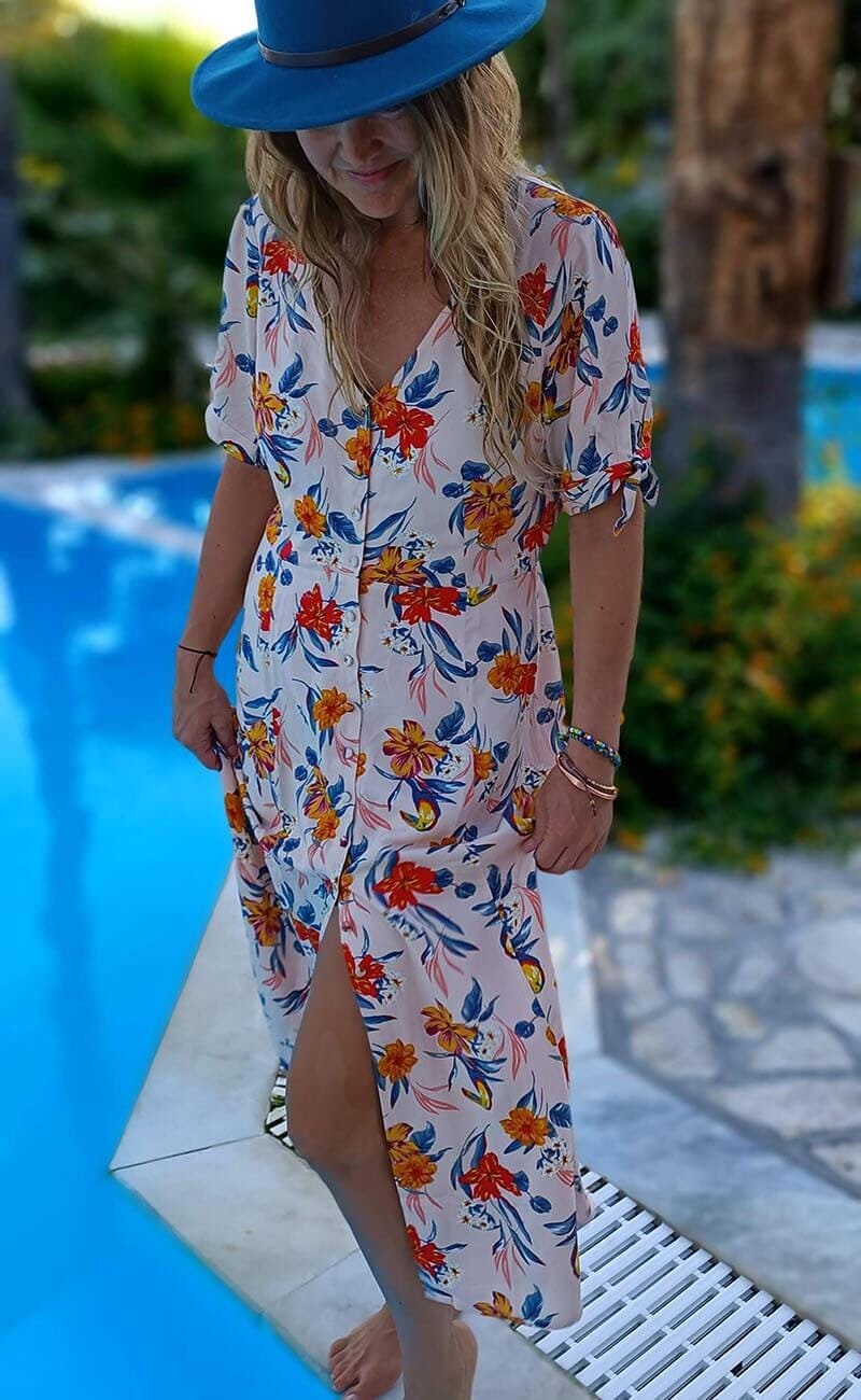 Toucan Tropical Floral Midi Dress | Button Through Resort Wear, Organic Bamboo