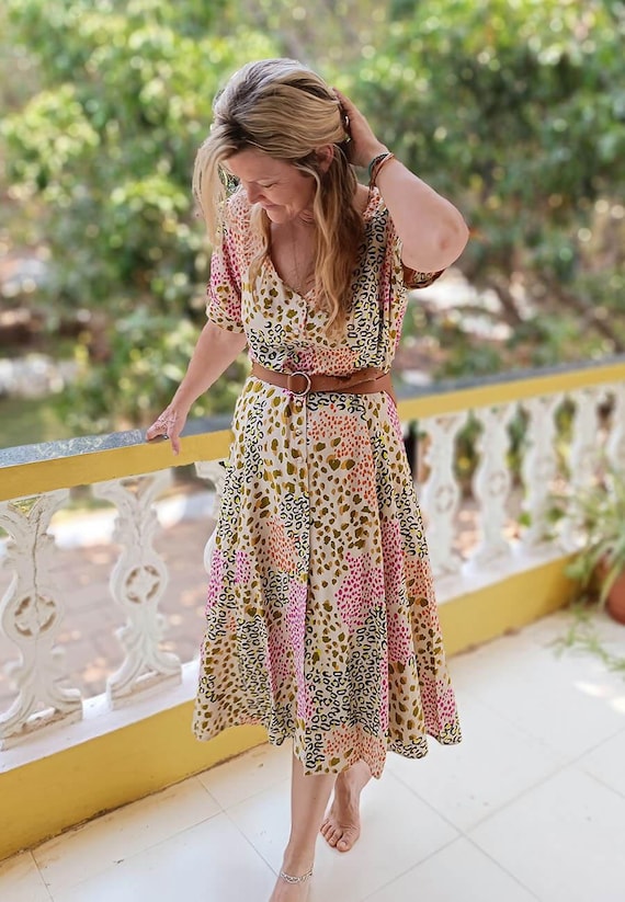 midi neon dress for women Bright Neon Leopard Dress ~ Button Through Midi Tea Dress ~