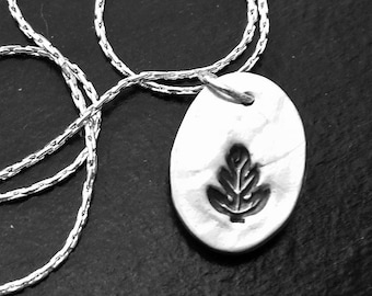 Oak Leaf Silver Charm -- Handcrafted, Debossed Nature Motif Pure Silver Pendant Necklace