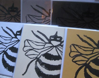 SET OF 4  Bumble Bee -- Lino Block Print -- Blank Note Cards -- Thank You, Invitation, Happy Bee Day