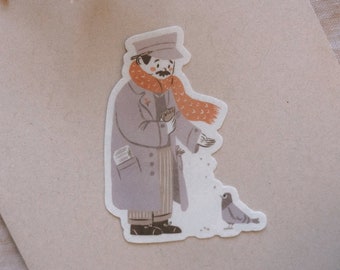 Doorman with Pigeon Vinyl Sticker | Cozy Sticker, Weatherproof Sticker, Die Cut Sticker, Laptop Sticker, Tumbler Sticker