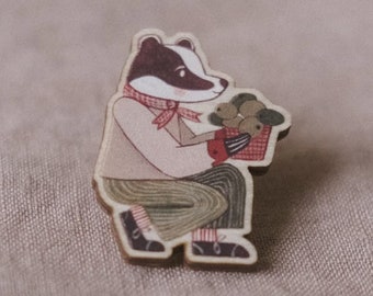 Badger with Pilea Wooden Pin | Lapel Pin, Flair, Plant Wooden Pin, Gifts for Plant Lovers