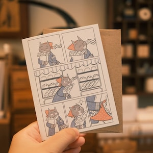 Katzen Bäckerei Comic Grußkarte | Snail Mail Karte, Thinking of You Karte, leere Karten, gemütliche Karte, Hygge Karte, Katzen Karte, süße Grußkarte