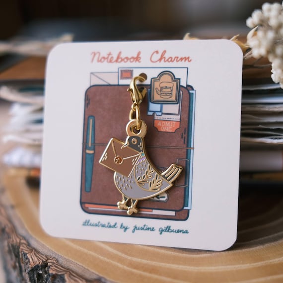 Pigeon Snail Mail Notebook Charm | Enamel Charm, Stationery Charm, Snail Mail Charm, Journal Charm, Planner Charm, Junk Journal