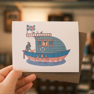 Winter-Hausboot Grußkarte | Snail Mail Karte, Thinking of You Karte, leere Karten, gemütliche Karte, Hygge-Karte, süße Grußkarte
