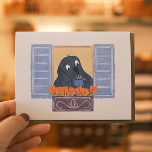 Krähe und Tulpen Grußkarte | Snail Mail Karte, Thinking of You Karte, leere Karten, gemütliche Karte, Hygge-Karte, süße Grußkarte