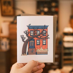Brownstone en automne carte de vœux | Carte Thinking of You, Cartes vierges, Carte confortable, Carte hygge, Jolie carte de voeux, Carte de tous les jours