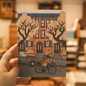 Brownstone Bike Tour (ONE) 15x20 Postkarten Kunstdruck, Snail Mail, Illustrierte Postkarte, Briefpapier Set