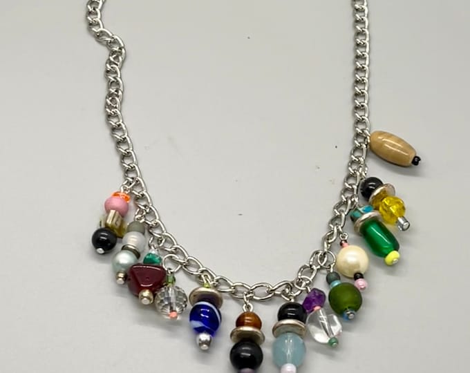 Women’s Unique Multi-Charm Glass Bead Necklace, Glass Bead Charm Choker, Unique Colorful Handmade Beaded Charms, Multicolored Dangling Charm