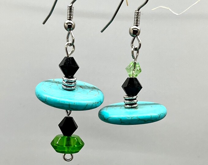 Women’s Unique Mismatched Howlite and Glass Bead Earrings, Women’s Mismatched Drop Earrings, Handmade Multicolored Mixed Medium Drops