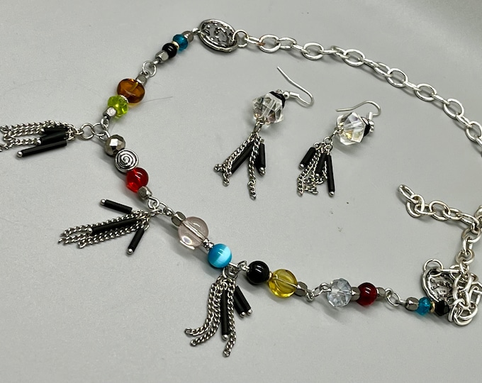 Women’s Handmade Wire Linked Beaded Necklace and Matching Earrings, Unique Multi-Tassel Charm Statement Necklace and Tassel Drop Earrings