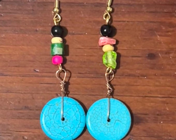 Women’s Handmade Colorful Multi Stone Mixed Medium Wire Linked Double-Dangle Earrings, Unique Multi-Fashion Mismatched Statement Earrings