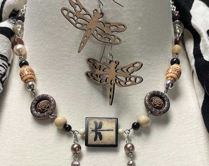 Bohemian Dragonfly Jewelry Set, Nature-Inspired Choker and Matching Earrings, Lasercut Dragonfly Dangles, One-of-a-Kind Wood Dragonfly Set