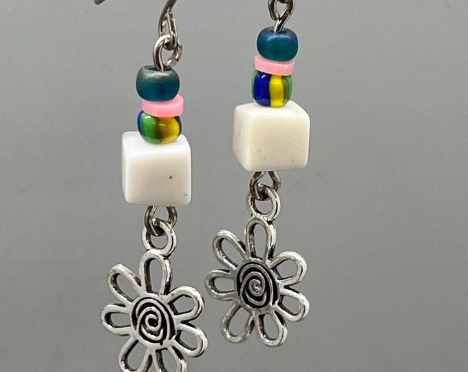 Double-Drop Charm Earrings: Multicolored Beads - Silver Wire Hooks