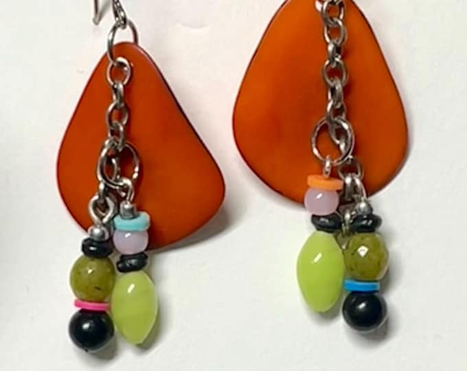 Colorful Boho Mismatch Teardrop Dangles, Women’s Unique Orange Earrings, Handmade Multicolored Mixed Medium Boho Statement Earrings for Her