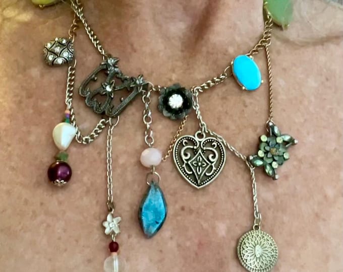 Women’s Unique Multi-Charm Necklace, Upcycled Cluttercore Anthology Maximalist Charm Necklace, Multi-Mediums, Assemblage Junk Necklace