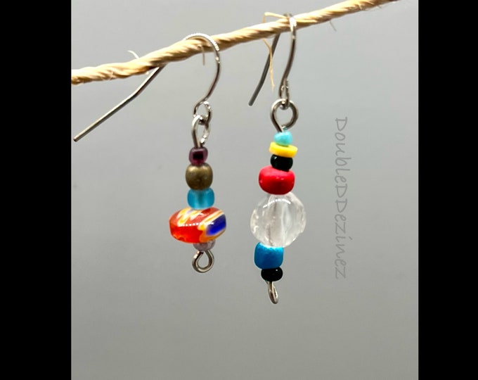 Handmade Petite Mismatch Drops, Small Colorful Mismatch, Young Girl Drops, Summer-Inspired Earrings, Fun-to-Wear Drops, Multicolor Mismatch