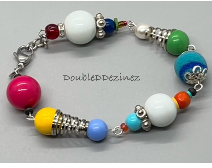 Colorful Statement Bracelet - Handmade Mixed Medium Unique and Whimsical - Summer-Inspired Design for a One-of-a-Kind Look
