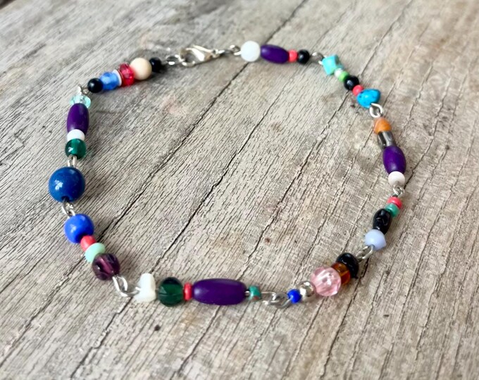 Bright Multicolored Mixed Medium Ankle Bracelet, Handmade Beaded Anklet, Dainty Beaded Anklet, Fun-to-Wear Anklet, Colorful Costume Anklet