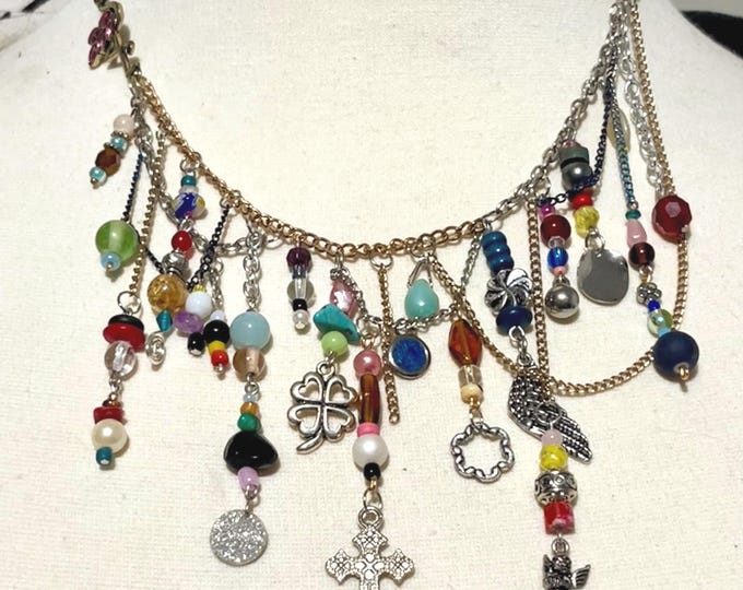Upcycled Multi-Chain Cluttercore Charm Necklace, Repurposed Maximalist, Unique Handmade Bib Choker, Eclectic Junk Necklace, Multi-Trinkets