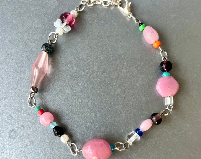 Handmade Pink Ankle Bracelet for Her, Multi-Styling Anklet, Cheap Summer Jewelry, Multicolored Beaded Jewelry, Shabby Chic Anklet