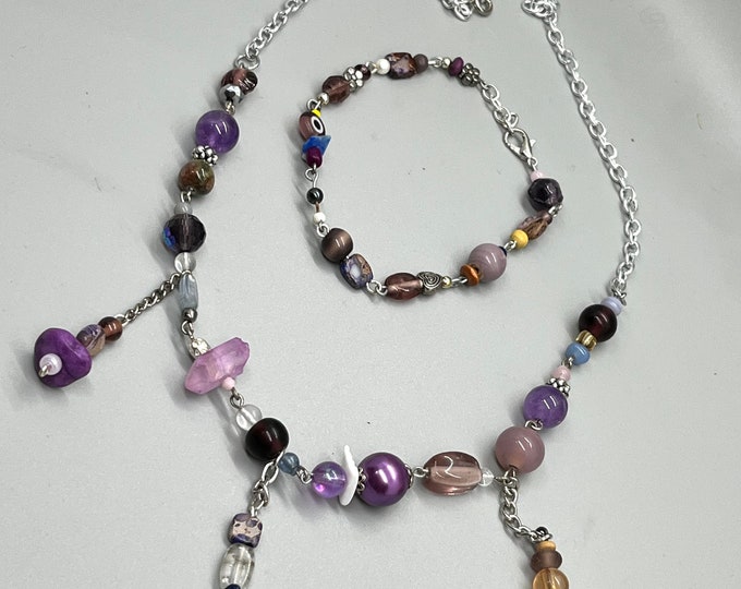 Handmade Purple Dangle Charm Set - Necklace and Bracelet with Semi-Precious Stones and Crystals