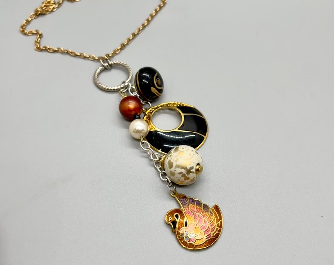 Women’s Charmed Lariat Junk Jewelry Choker, Mixed Metal Statement Choker, Unique Design, Multi-Charm Necklace, One-of-a-Kind Upcycled Choker