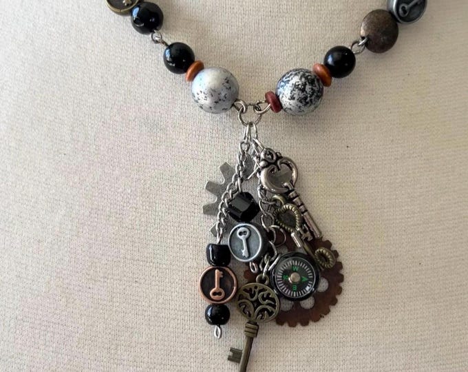 Women’s Steampunk Style, Multi-Charm Compass Gear Necklace, Multi-Fashion Charm Choker, Mixed Medium Statement, Unique Y-Necklace for Her