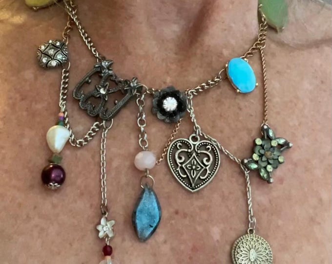 Women’s Unique Multi-Charm Necklace, Upcycled Cluttercore Anthology Maximalist Charm Necklace, Multi-Mediums, Assemblage Junk Necklace