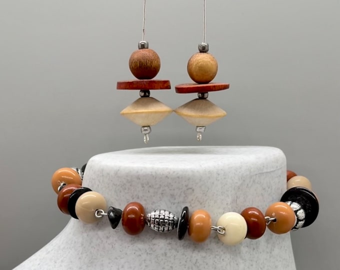 Boho-Inspired Mixed Medium Anklet and Matching Dangles, Chunky Earth Tone Beaded Ankle Bracelet and Long Matching Earrings, Earthy Jewelry
