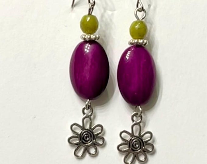 Colorful Whimsical Double Dangle Charm Earrings, Cute Dangling Flower Charms, Multicolored Dangles, Mixed Mediums, Multi-Style Dangles