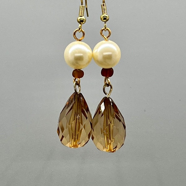 Women’s Elegant Statement Earrings, Neutral Glam Double-Drops, Amber and Pearl, Homecoming and Prom Drops, Big Fashion Drops