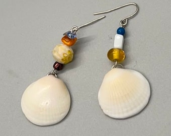 Women’s Colorful Mismatched Seashell Double-Drops, Beachy Double-Dangles, Natural Shell and Bead Earrings, One-of-a-Kind Vacation Earrings