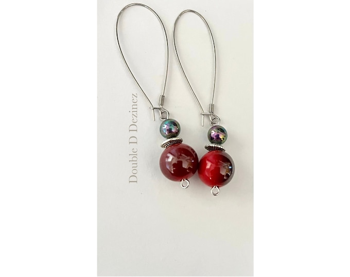 Iridescent Red & Silver Beaded Minimalist Earrings, Long Shoulder Grazing, Multi-Fashion, Handmade Beaded Earrings, Cheap Costume Dangles