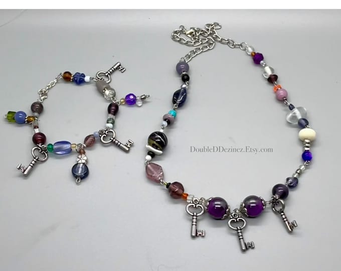 Two-Piece Multi-Medium Charmed Jewelry Set, Handmade Beaded Jewelry Set, Key Charm Bracelet and Matching Necklace, Handmade Costume Jewelry