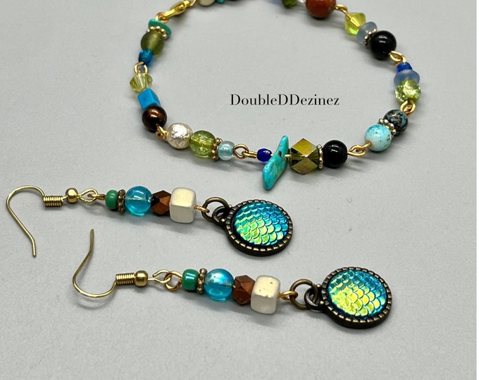 Mermaid-Inspired Jewelry Set, Two-Piece Matching Jewelry Set, Matching Earrings and Bracelet, Handmade Mixed Medium Jewelry Set for Her
