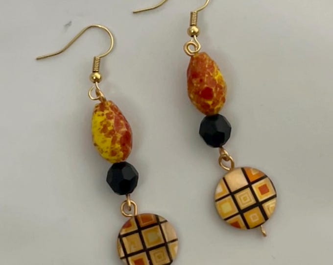 Women’s Fall-Inspired Double Dangle Earrings, Multi-Textured Mixed Medium Earrings, Colorful Handmade Wire Linked Beaded Earrings for Her