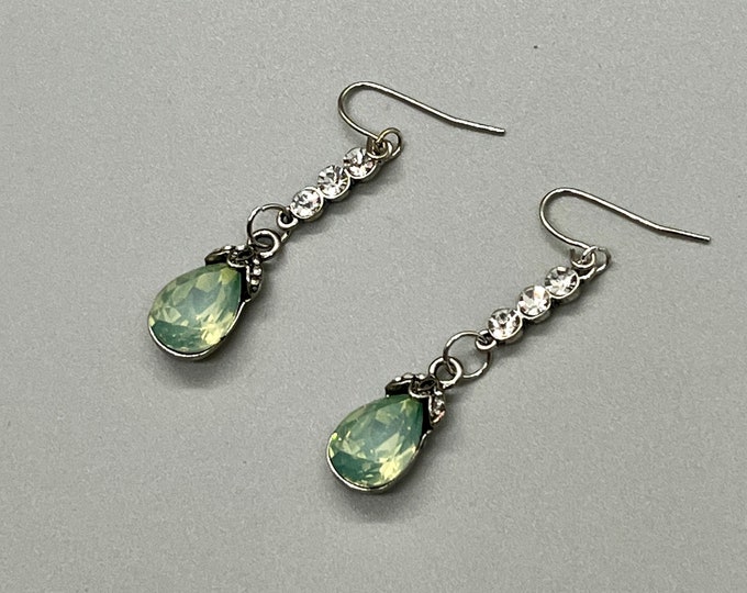 Women’s Muted Green Rhinestone Dangles, Green Minimalist Dangles, Rhinestone Earrings, Costume Dangles, Wedding Earrings, Handmade Glam