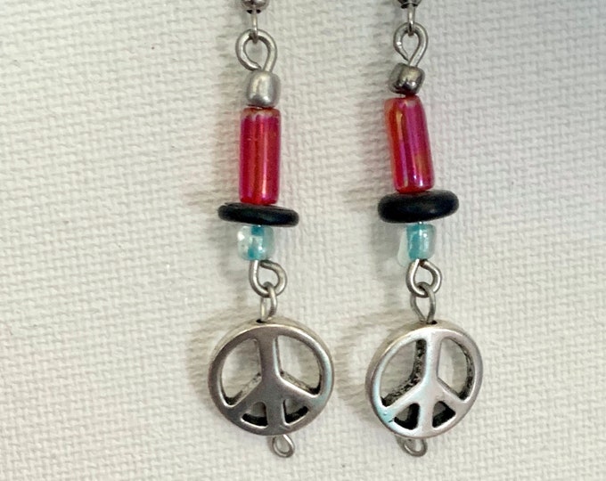 Peace Sign Dangle Earrings, Hippie-Inspired, Colorful Peace Dangles, Hippie Fashion Earrings, Slender Peace Dangles with Fish Hook Ear Wire