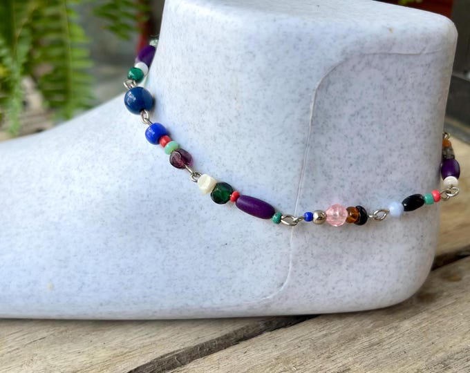 Bright Multicolored Mixed Medium Ankle Bracelet, Handmade Beaded Anklet, Dainty Beaded Anklet, Fun-to-Wear Anklet, Colorful Costume Anklet