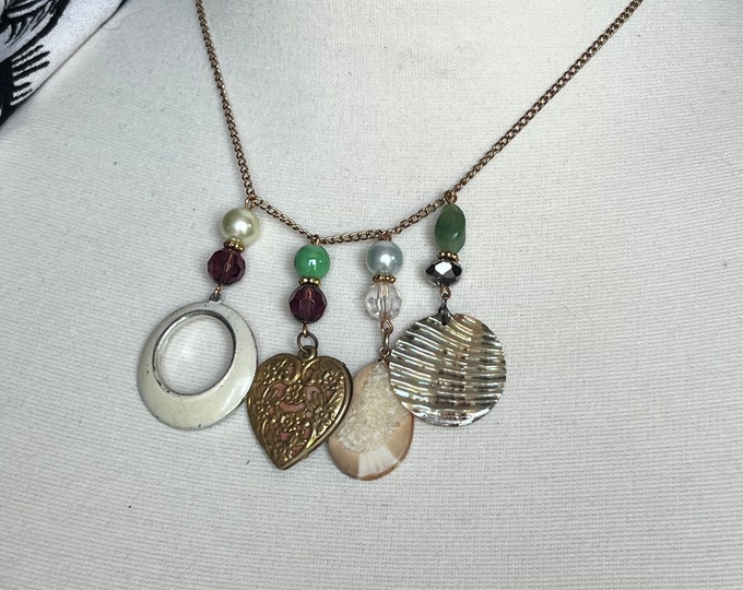 Handmade Statement Junk Jewelry Necklace Upcycled Charms Unique Repurposed One-of-a-Kind Romantic Victorian Steampunk Shabby-Chic Style