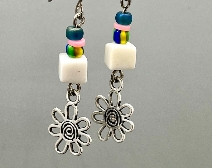 Handmade Colorful Double-Drop Charm Earrings, Fun Summer-Inspired Jewelry, Mixed Medium Dangles, Multicolored Whimsical Beaded Earrings