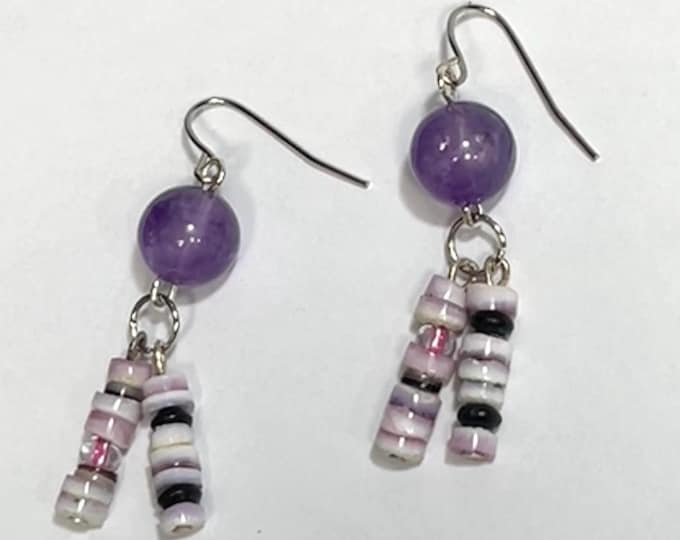 Genuine Amethyst, Shell and Glass Double-Drops, Petite Purple and White Dangles, Small Purple Stone and Shell Earrings, Unique Design